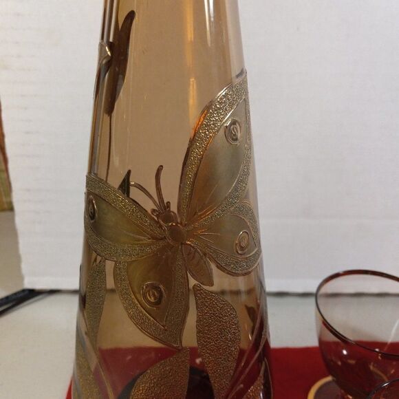 Vintage Amber Glass Decanter and 6 Cordial Glasses - Picture 3 of 12